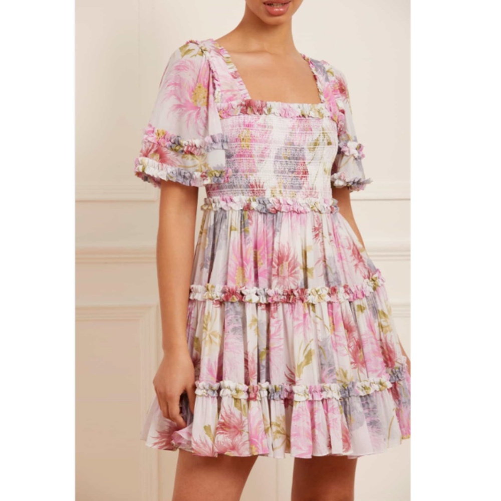 Needle & Thread Hummingbird Chiffon Smocked Mini Dress, US 2 (NEVER WORN)